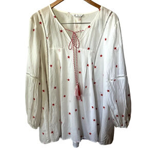 Unbranded Blouse Tunic Balloon Sleeve White Red Star Print Tassel Tie Boho L